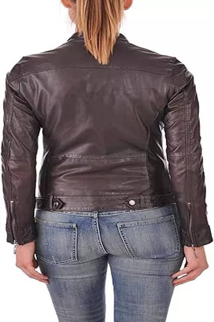 Women’s real soft lambskin leather jacket brown motorcycle biker stylish slim fit