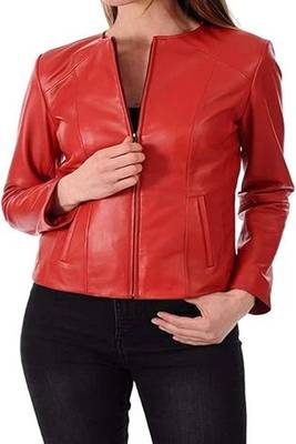 women's red lambskin leather biker jacket classic moto zip style distinctive 1