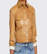 Women’s  cropped genuine leather jacket – slim fit button-up trucker style short leather coat