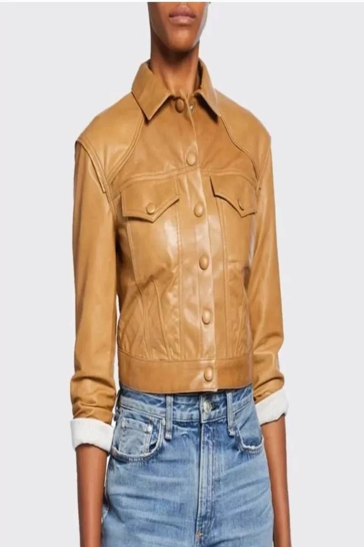 Women’s  cropped genuine leather jacket – slim fit button-up trucker style short leather coat