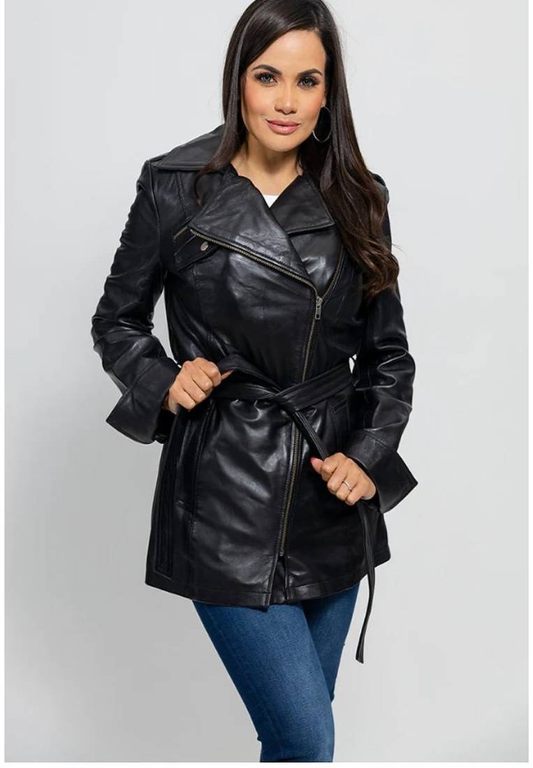 Women’s real lambskin leather jacket black motorcycle biker stylish slim fit