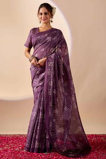 purple digital kalamkari print cotton silk festive ethnic saree with blouse