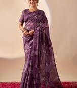 purple digital kalamkari print cotton silk festive ethnic saree with blouse