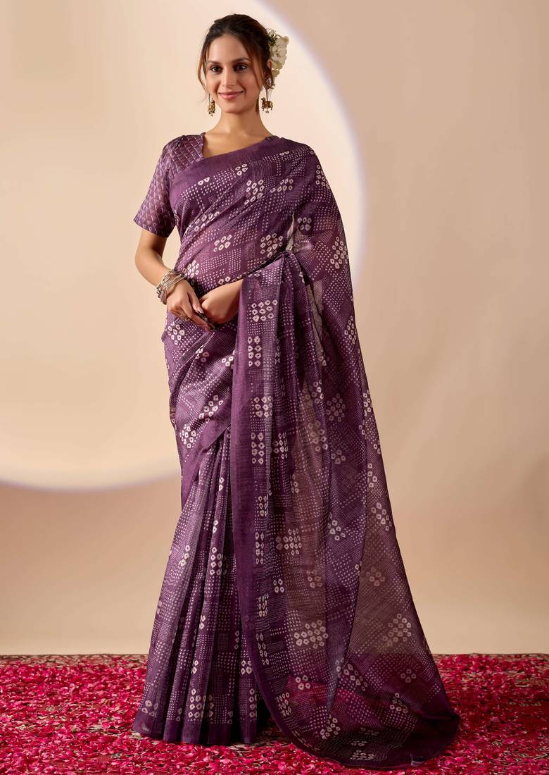 purple digital kalamkari print cotton silk festive ethnic saree with blouse