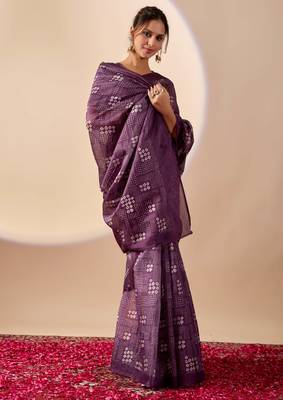 purple digital kalamkari print cotton silk festive ethnic saree with blouse 3