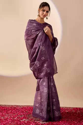 purple digital kalamkari print cotton silk festive ethnic saree with blouse