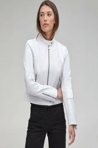 Women’s white lambskin leather jacket black motorcycle biker stylish slim fit