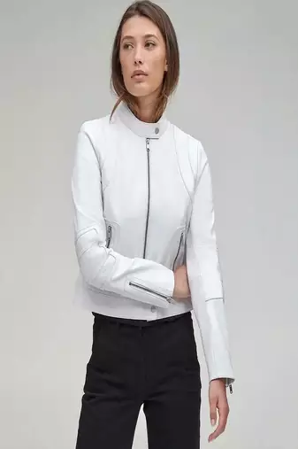 Women’s white lambskin leather jacket black motorcycle biker stylish slim fit