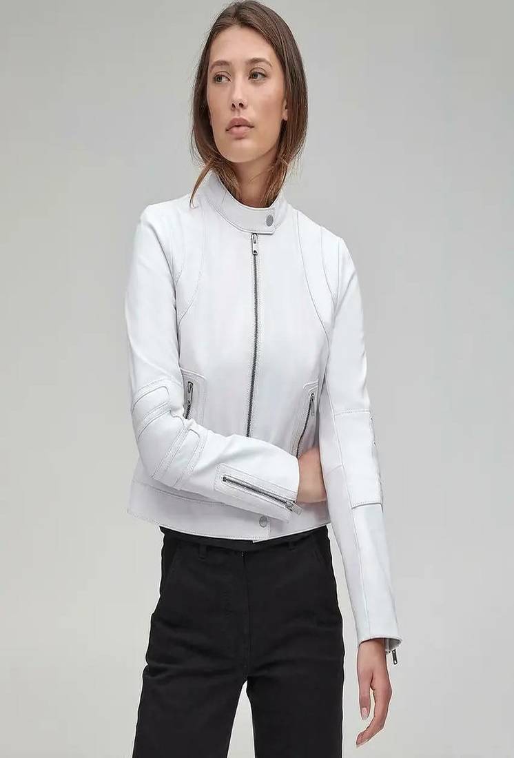 Women’s white lambskin leather jacket black motorcycle biker stylish slim fit