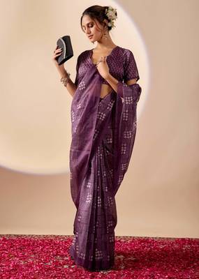 purple digital kalamkari print cotton silk festive ethnic saree with blouse 4