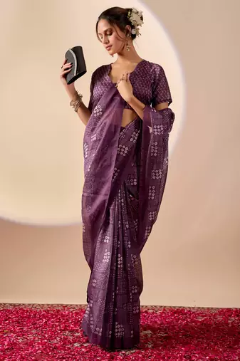 purple digital kalamkari print cotton silk festive ethnic saree with blouse