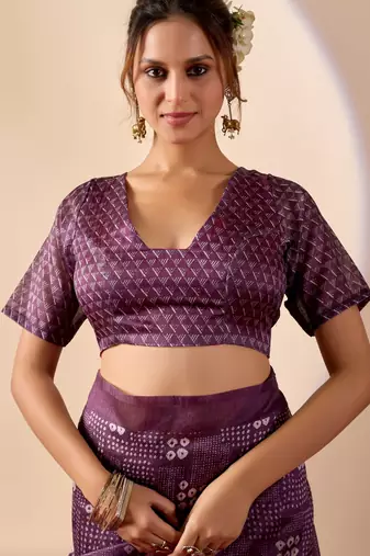 purple digital kalamkari print cotton silk festive ethnic saree with blouse