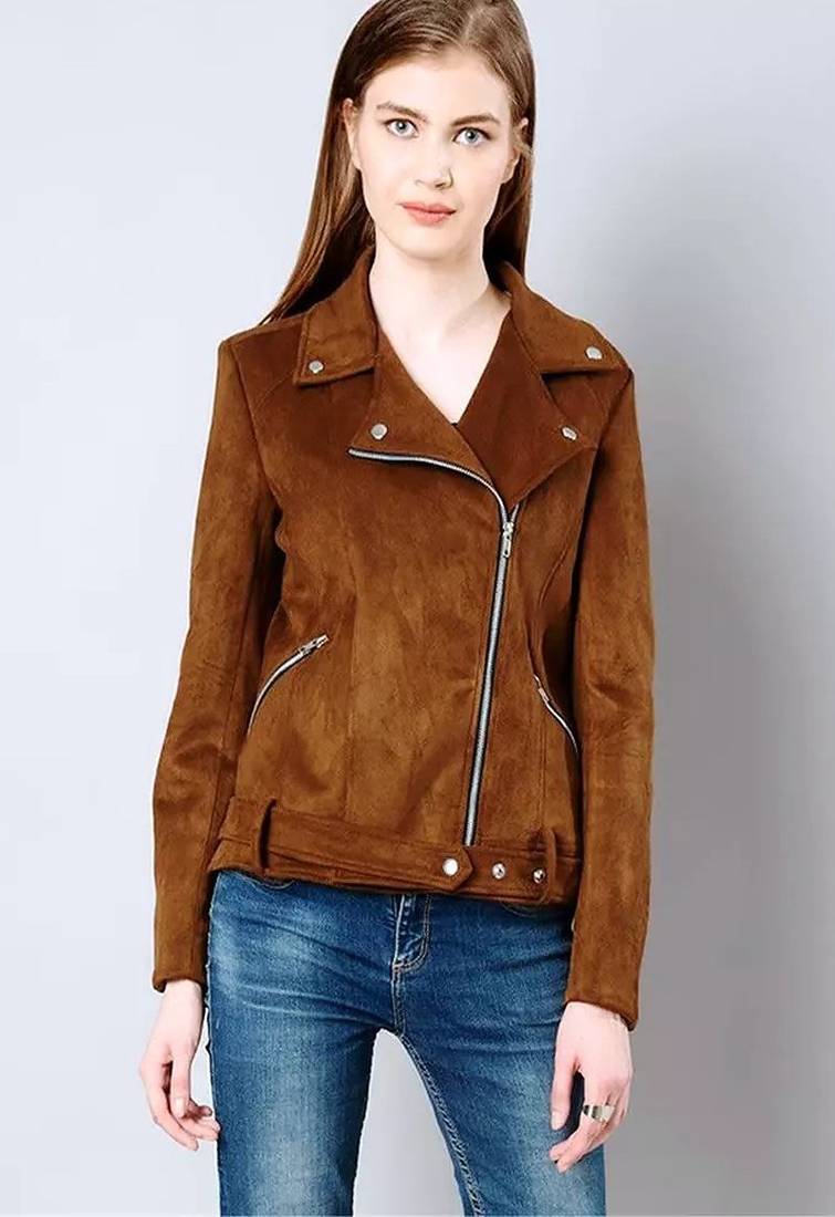 Women’s brown jacket genuine lambskin suede leather brown jacket fringed motorcycle biker handmade