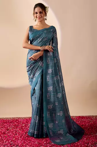 blue digital kalamkari print cotton silk festive ethnic saree with blouse