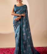 blue digital kalamkari print cotton silk festive ethnic saree with blouse