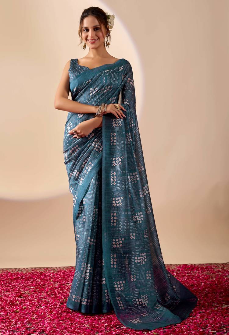 blue digital kalamkari print cotton silk festive ethnic saree with blouse