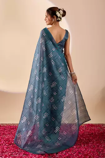 blue digital kalamkari print cotton silk festive ethnic saree with blouse