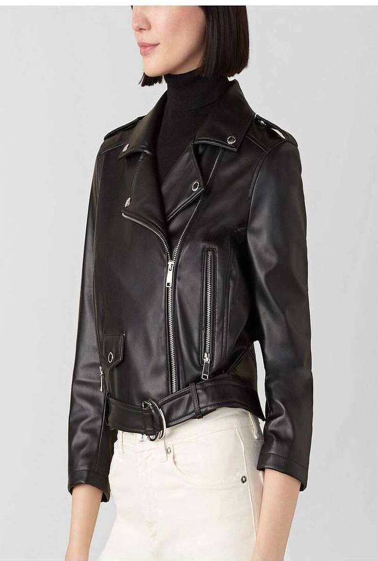 Women’s  lambskin leather jacket black motorcycle biker stylish slim fit