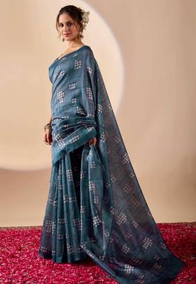 blue digital kalamkari print cotton silk festive ethnic saree with blouse 3