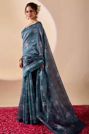 blue digital kalamkari print cotton silk festive ethnic saree with blouse