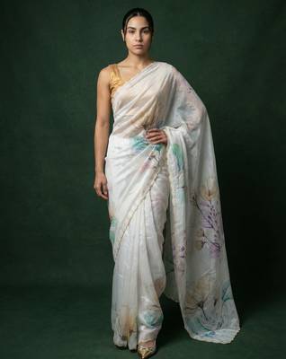 White with multicolor floral print  digital print work organza   elegant party wear 1