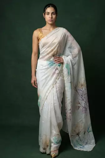 White with multicolor floral print  digital print work organza   elegant party wear