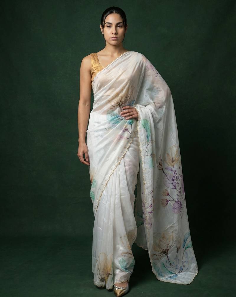 White with multicolor floral print  digital print work organza   elegant party wear