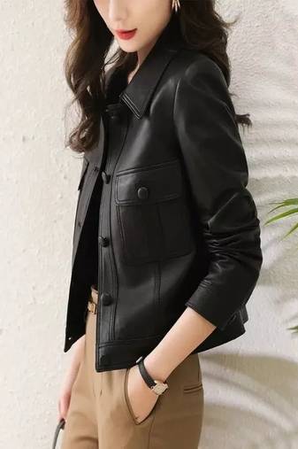 Women’s stylish slim fit soft lambskin leather jacket black motorcycle biker jacket