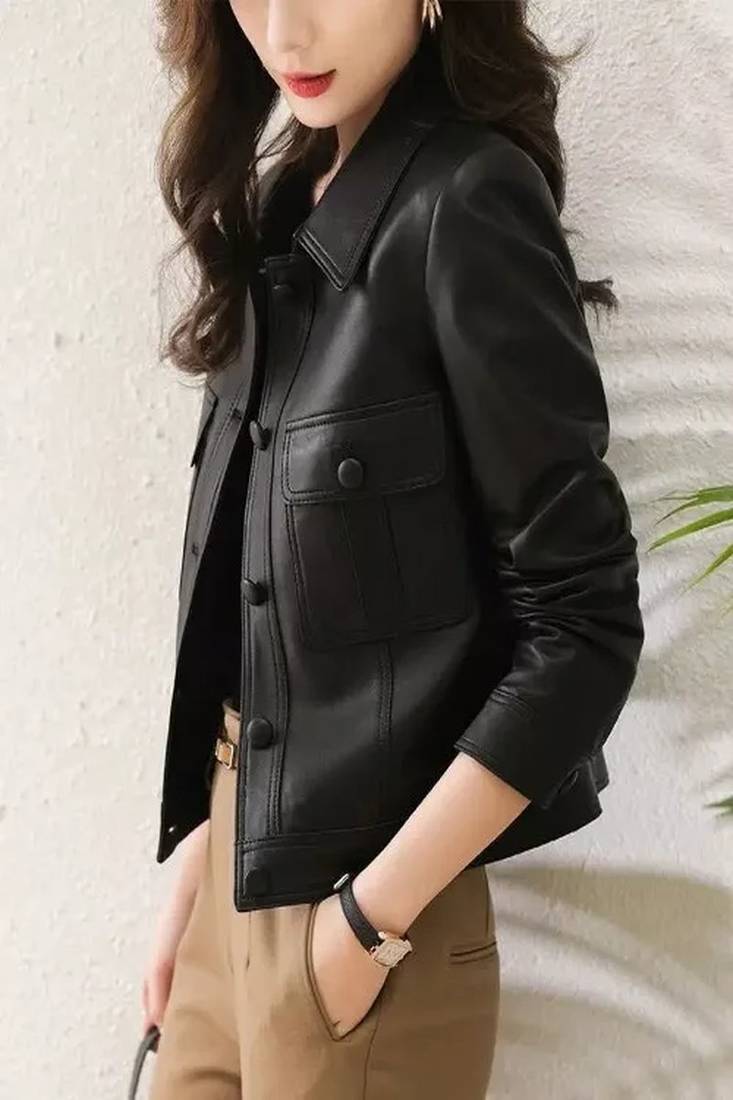 Women’s stylish slim fit soft lambskin leather jacket black motorcycle biker jacket