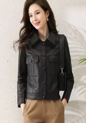 women's black lambskin leather biker jacket classic moto zip style genuine authentic 3