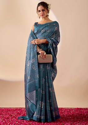 blue digital kalamkari print cotton silk festive ethnic saree with blouse 4
