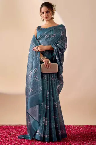 blue digital kalamkari print cotton silk festive ethnic saree with blouse