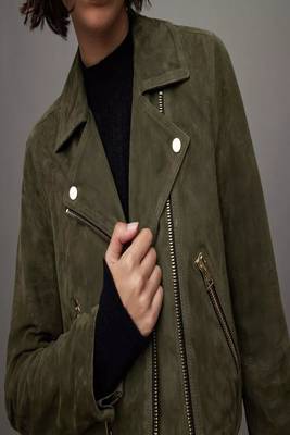 women's green suede leather biker jacket fringed western design 1