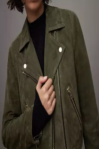 Women’s  green lambskin suede leather jacket fringed motorcycle biker handmade