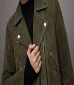 Women’s  green lambskin suede leather jacket fringed motorcycle biker handmade