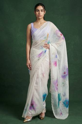 White with multicolor floral print  digital print work organza   elegant party wear