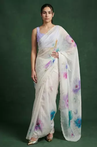 White with multicolor floral print  digital print work organza   elegant party wear