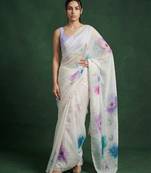 White with multicolor floral print  digital print work organza   elegant party wear