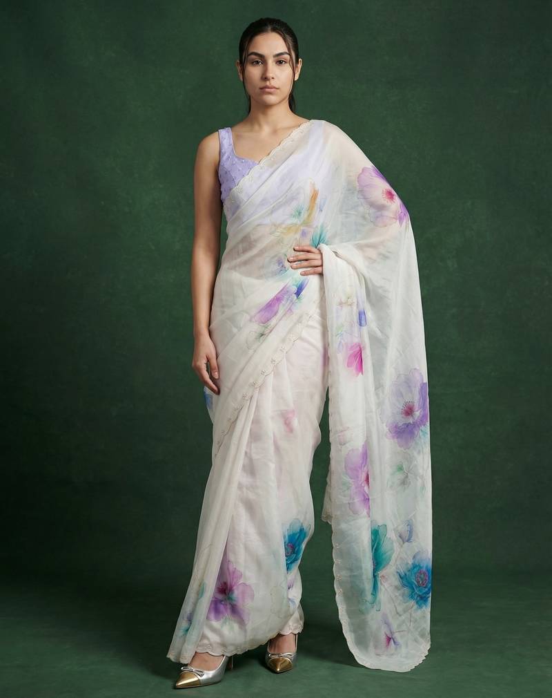 White with multicolor floral print  digital print work organza   elegant party wear