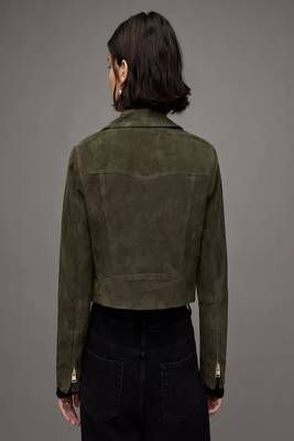 women's green suede leather biker jacket fringed western design 2