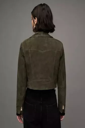 women's green suede leather biker jacket fringed western design