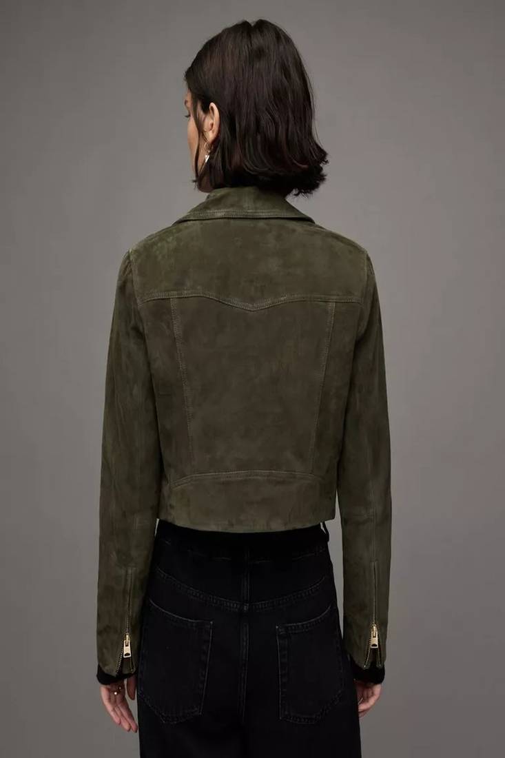 Women’s  green lambskin suede leather jacket fringed motorcycle biker handmade