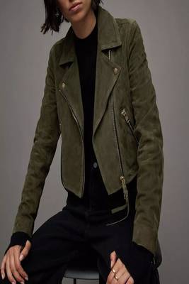 women's green suede leather biker jacket fringed western design 3