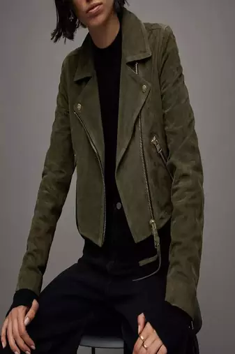 women's green suede leather biker jacket fringed western design