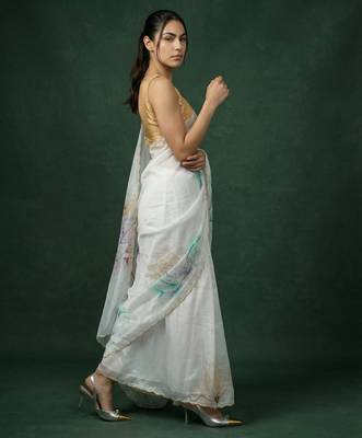 White with multicolor floral print  digital print work organza   elegant party wear 3