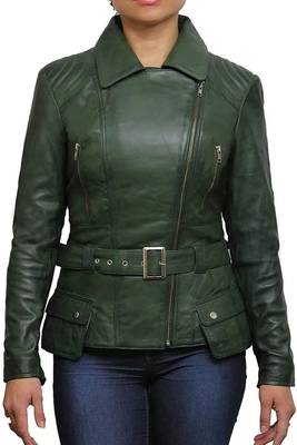women's green lambskin leather biker jacket classic moto zip style premium 1