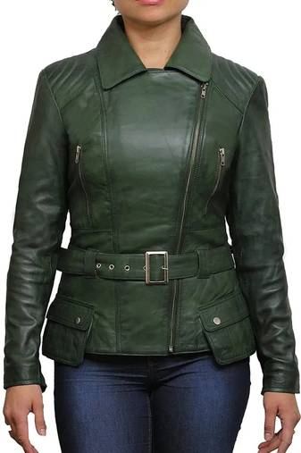 women's green lambskin leather biker jacket classic moto zip style premium
