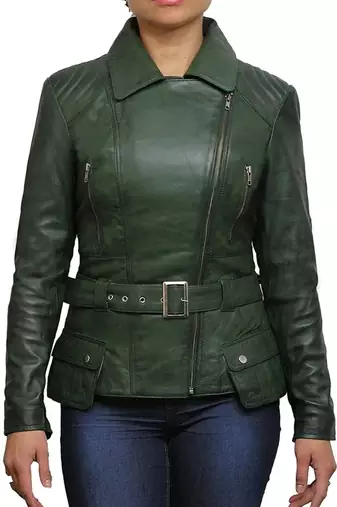 Women’s green soft lambskin leather jacket motorcycle biker stylish slim fit