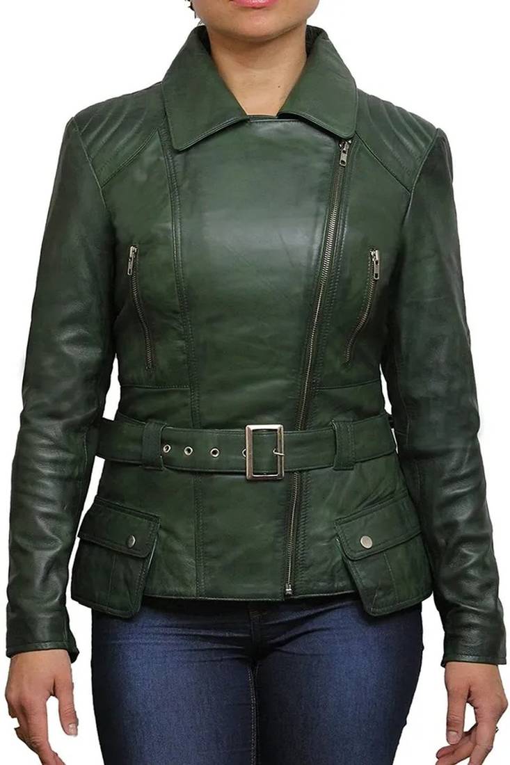 Women’s green soft lambskin leather jacket motorcycle biker stylish slim fit