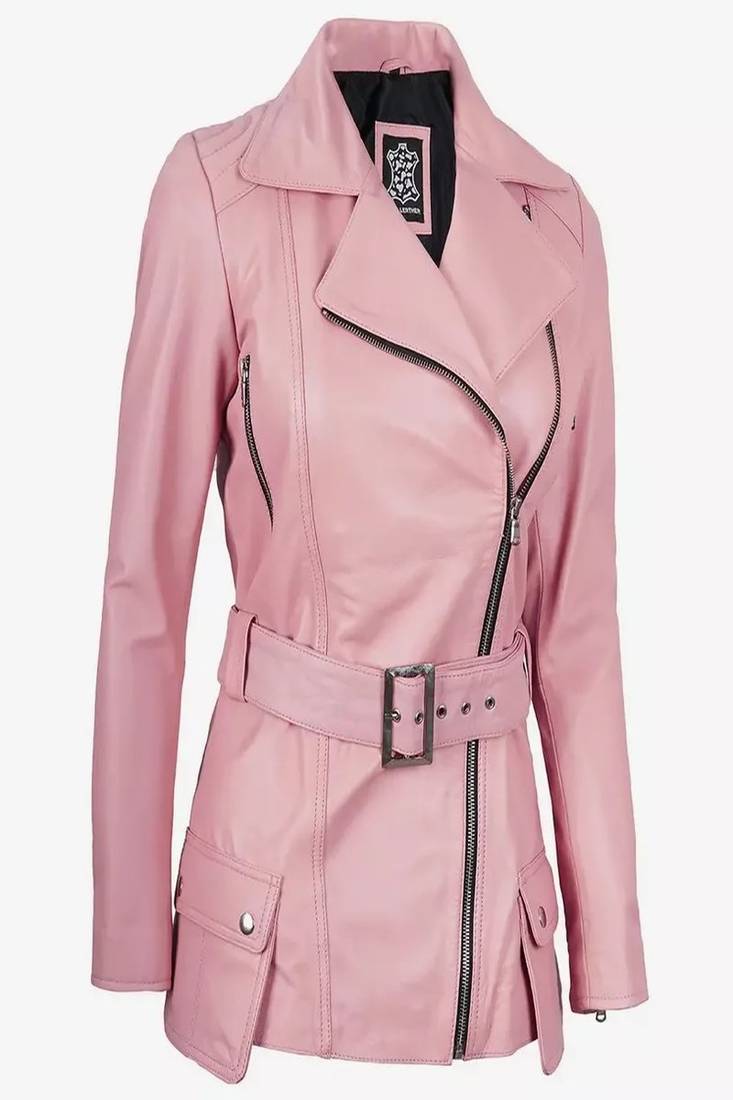 Pink color slim fit soft lambskin leather jacket motorcycle biker stylish